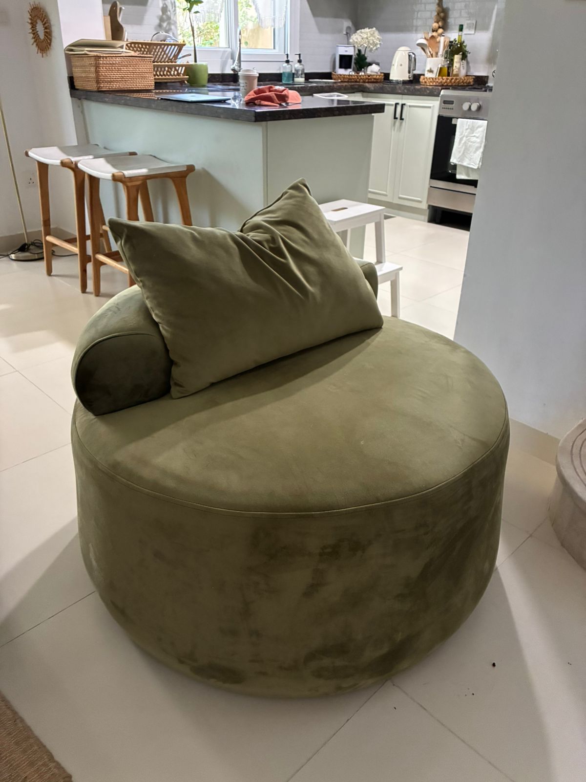 Olive green velvet daybed, real photo at home