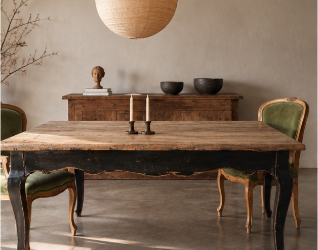 Bloomingdale's rustic dining table with two green velvet chairs