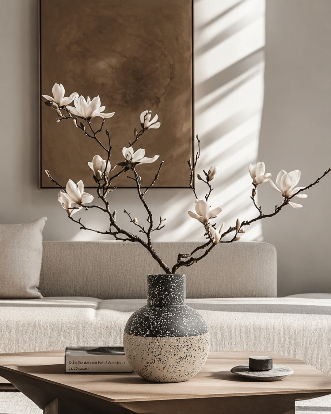 Speckled terrazzo vase styled with magnolia branches